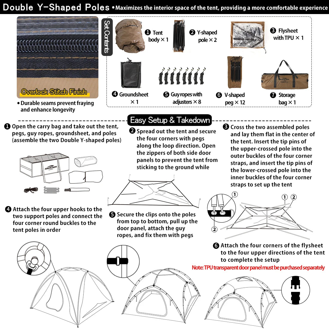 Soomloom Double Y-Shaped Pole Lightweight Tent VIKING UL 40D Nylon Skyview Dome Tent for Family & Couple Camping/Outdoor Shelter
