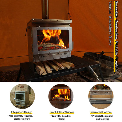 Soomloom Stainless Steel Outdoor Camping Fireplace Portable Secondary Burning Wood Stove Firewood Heater for Cozy Adventures