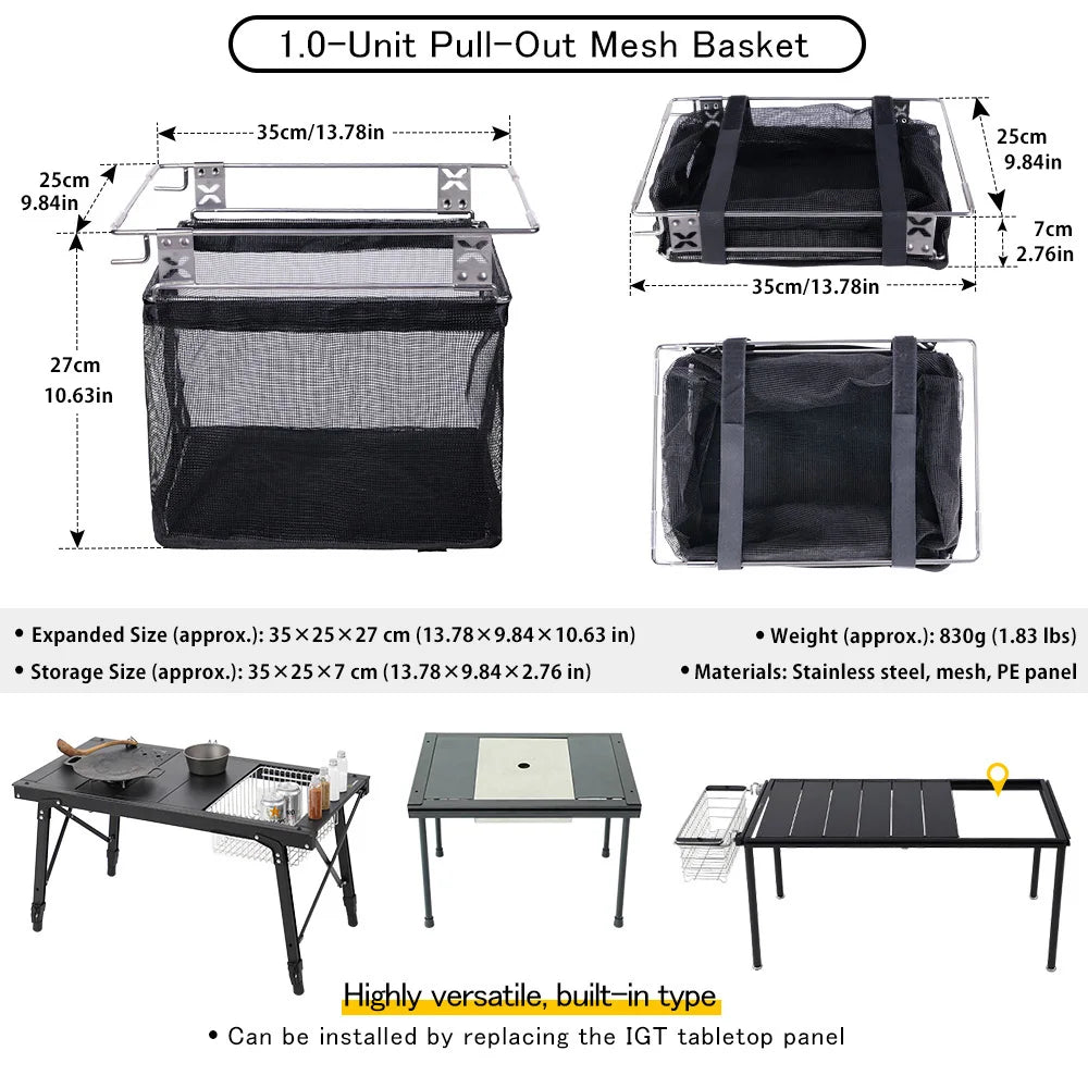 Deerest 1 Unit Pull-Out Mesh Basket for IGT Table, Foldable, Lightweight Multipurpose Draining Bag, Outdoor Camping Accessories