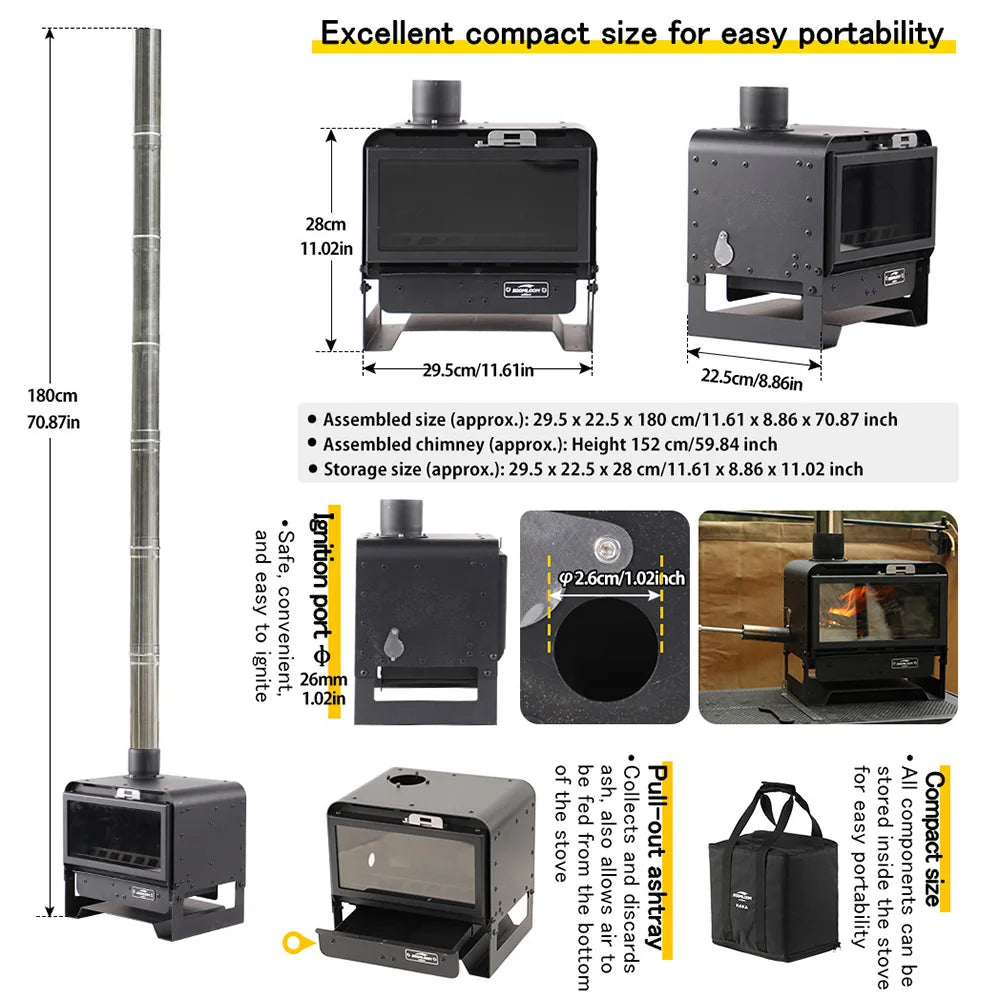 Soomloom Multifunctional Wood Stove KAKA Black Camping Fireplace for Tent Heating Cooking Portable Camping Outdoor Bonfire Stove