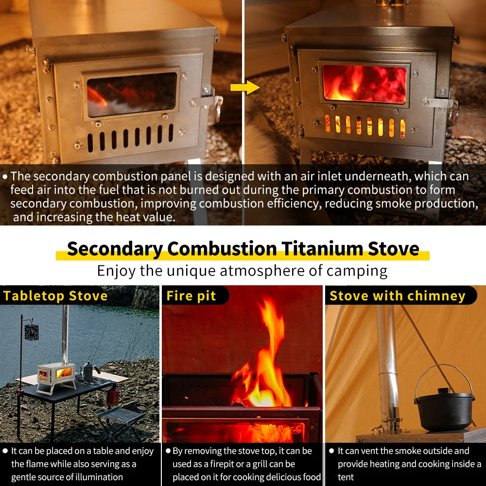 Soomloom Titanium Folding Stove with 2m/3m Chimney Lightweight 0.8mm Titanium Wood Stove for Outdoor Camping Hiking Bushcraft