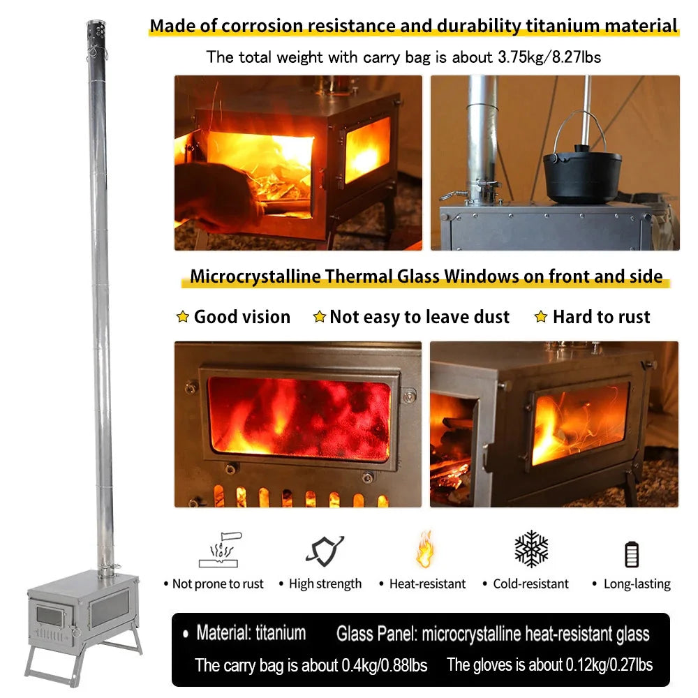 Soomloom Titanium Folding Stove with 2m/3m Chimney Lightweight 0.8mm Titanium Wood Stove for Outdoor Camping Hiking Bushcraft