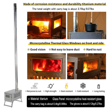 Soomloom Titanium Folding Stove with 2m/3m Chimney Lightweight 0.8mm Titanium Wood Stove for Outdoor Camping Hiking Bushcraft