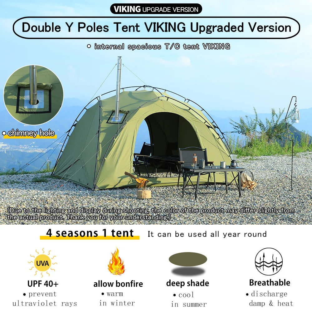 Soomloom Double Y-Shaped Pole Tent with VIKING Bonfire Chimney Hole T/C Material Fire Retardant Waterproof Outdoor Camping Tent