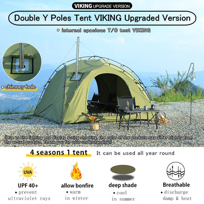 Soomloom Double Y-Shaped Pole Tent with VIKING Bonfire Chimney Hole T/C Material Fire Retardant Waterproof Outdoor Camping Tent