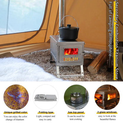 Soomloom Titanium Folding Stove with 2m/3m Chimney Lightweight 0.8mm Titanium Wood Stove for Outdoor Camping Hiking Bushcraft