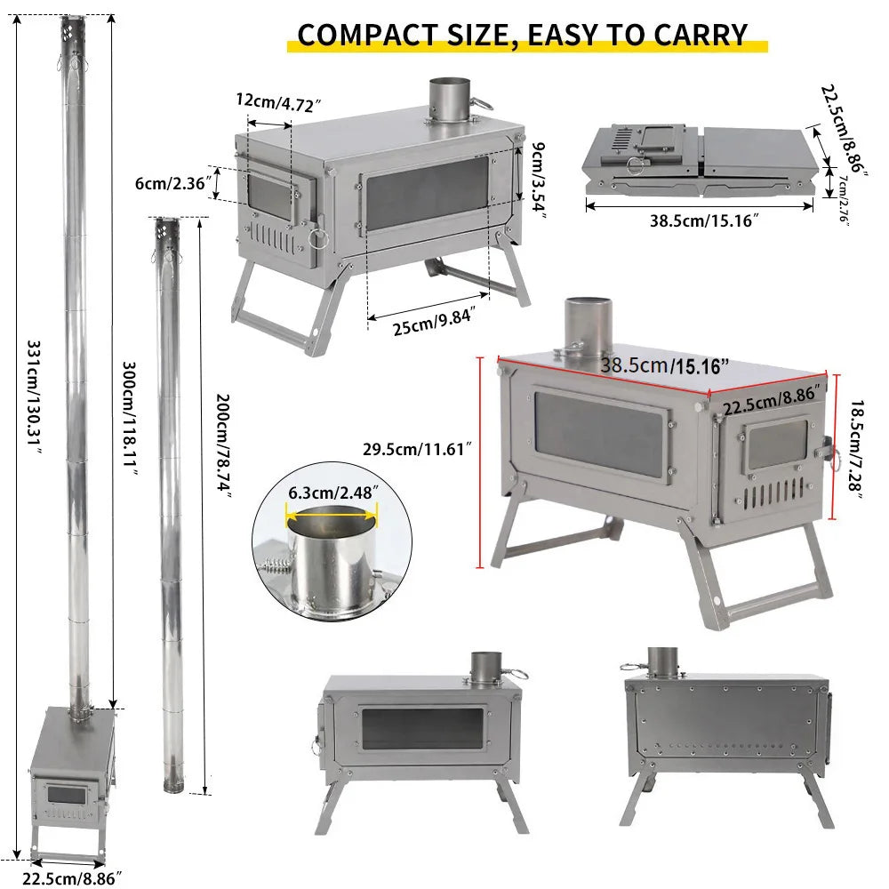 Soomloom Titanium Folding Stove with 2m/3m Chimney Lightweight 0.8mm Titanium Wood Stove for Outdoor Camping Hiking Bushcraft