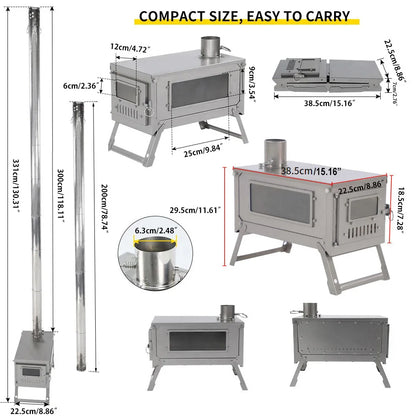 Soomloom Titanium Folding Stove with 2m/3m Chimney Lightweight 0.8mm Titanium Wood Stove for Outdoor Camping Hiking Bushcraft