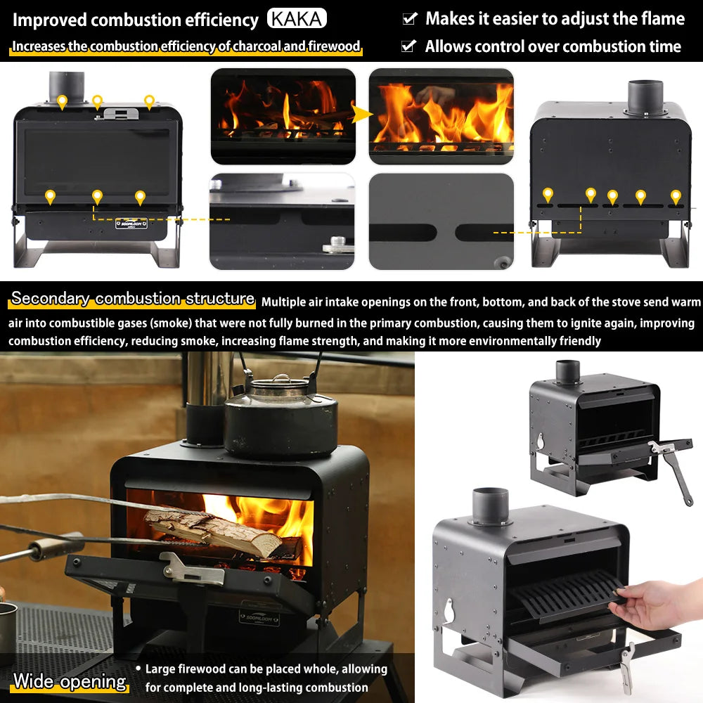 Soomloom Multifunctional Wood Stove KAKA Black Camping Fireplace for Tent Heating Cooking Portable Camping Outdoor Bonfire Stove