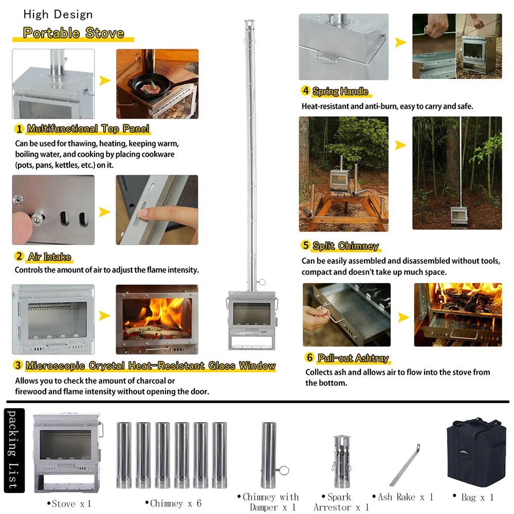 Soomloom Stainless Steel Outdoor Camping Fireplace Portable Secondary Burning Wood Stove Firewood Heater for Cozy Adventures