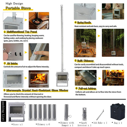 Soomloom Stainless Steel Outdoor Camping Fireplace Portable Secondary Burning Wood Stove Firewood Heater for Cozy Adventures