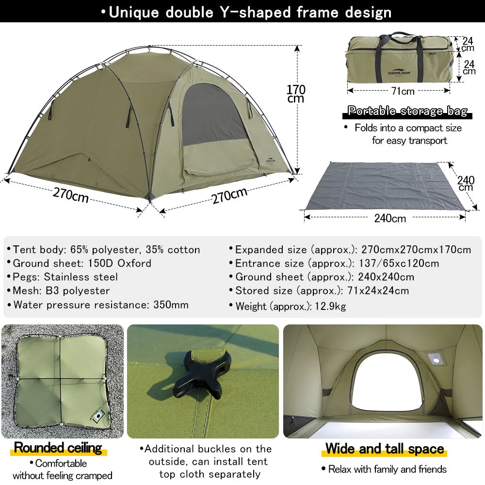 Soomloom Double Y-Shaped Pole Tent with VIKING Bonfire Chimney Hole T/C Material Fire Retardant Waterproof Outdoor Camping Tent