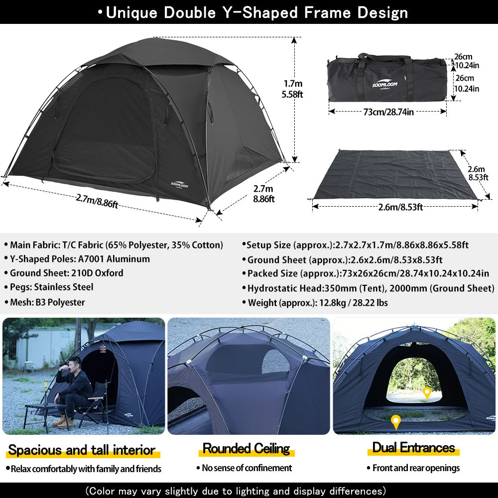 Soomloom T/C Fabric Camping Tent VIKING 3.0– Double Y-Shaped Pole 4-Season Tent, Spark-Resistant T/C Polycotton Sunshade Shelter