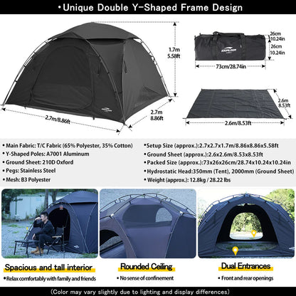 Soomloom T/C Fabric Camping Tent VIKING 3.0– Double Y-Shaped Pole 4-Season Tent, Spark-Resistant T/C Polycotton Sunshade Shelter
