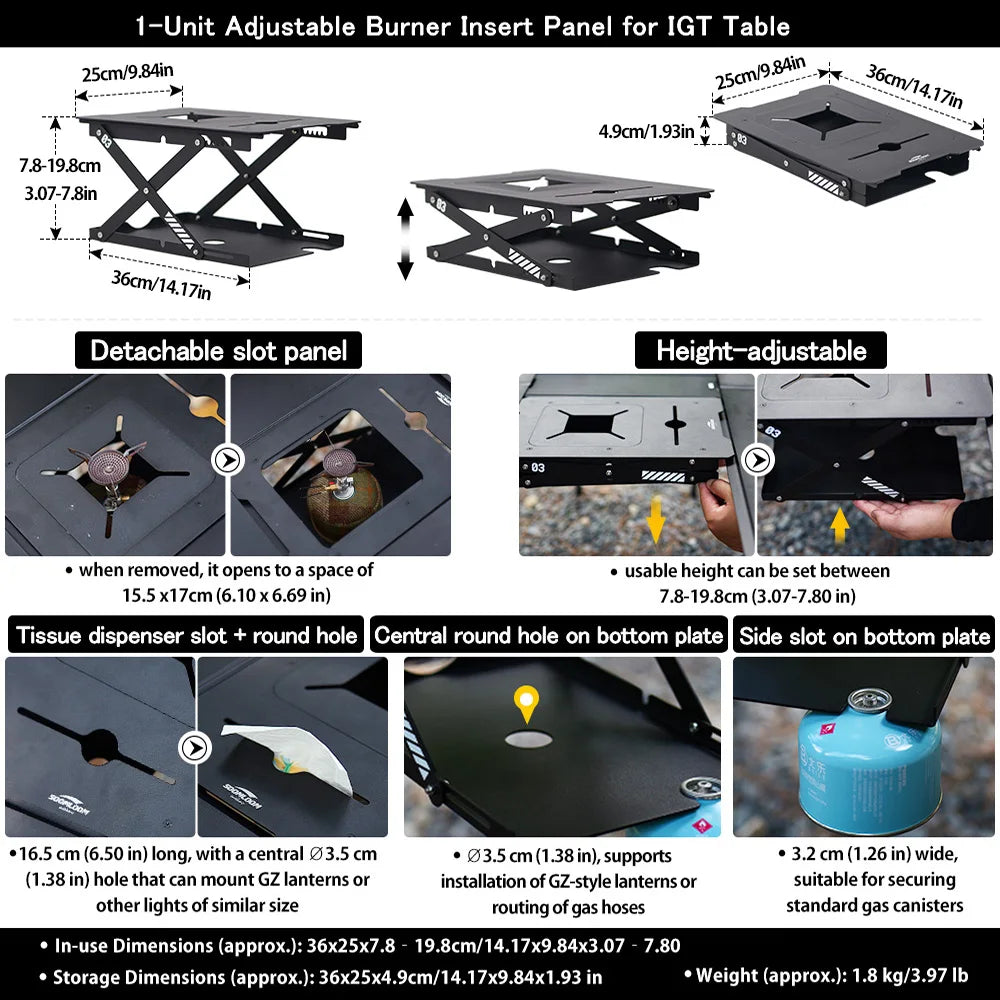 Soomloom 1-Unit Adjustable Burner Insert Panel for IGT Table – Camping Stove Plate Compatible with SOTO ST-310, Alcohol Burners