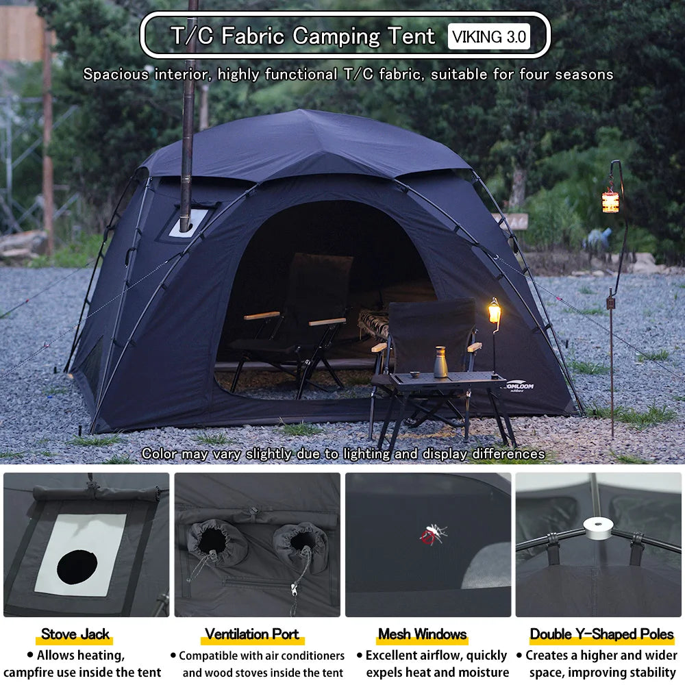 Soomloom T/C Fabric Camping Tent VIKING 3.0– Double Y-Shaped Pole 4-Season Tent, Spark-Resistant T/C Polycotton Sunshade Shelter