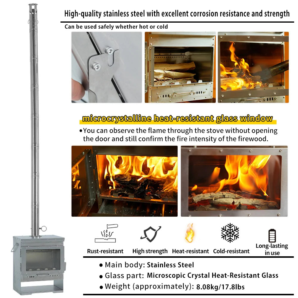 Soomloom Stainless Steel Outdoor Camping Fireplace Portable Secondary Burning Wood Stove Firewood Heater for Cozy Adventures
