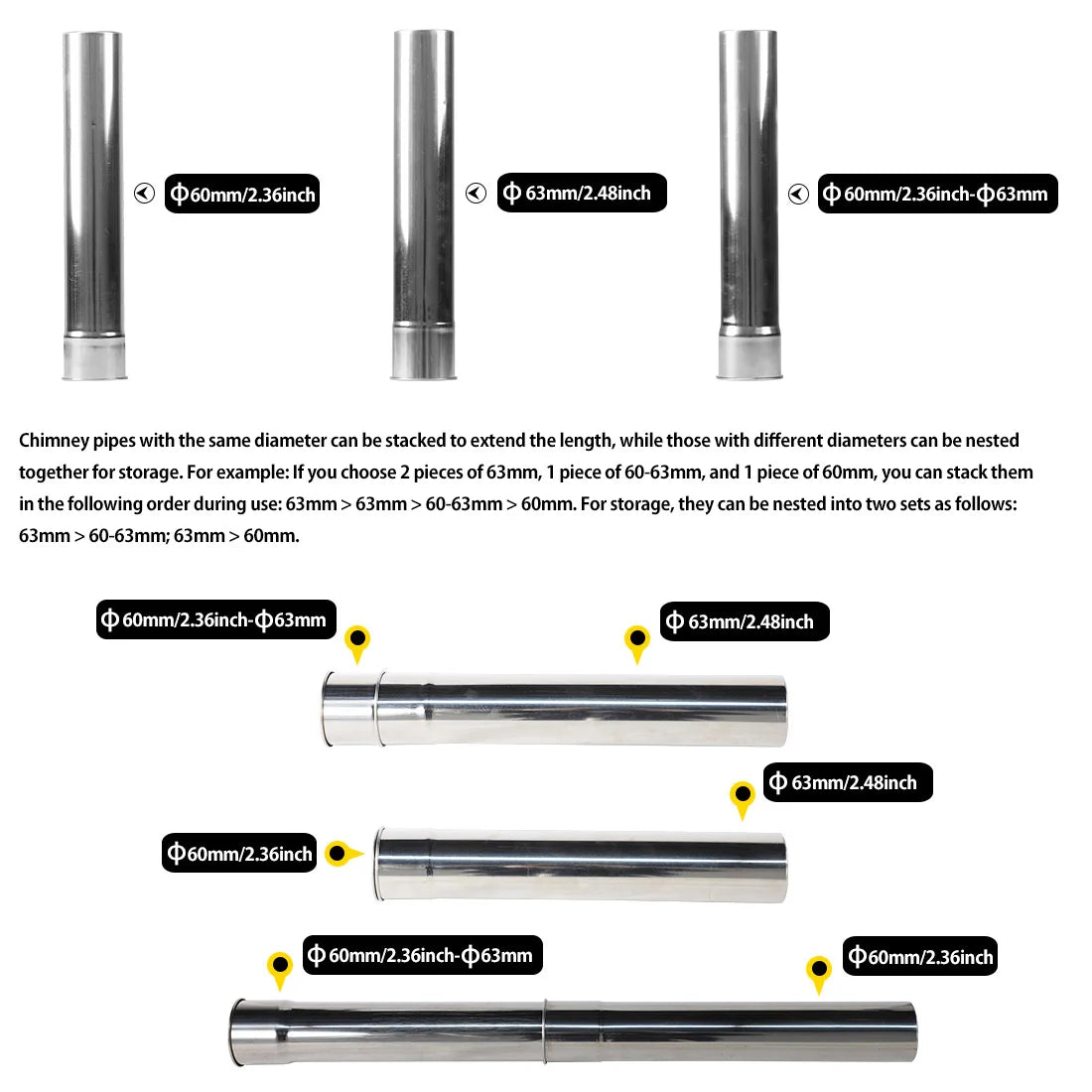 Soomloom Wood Stove Accessories Chimney Extension Pipe Stainless Steel Extendable Chimney Pipe for Camping Firewood Stove