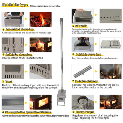 Soomloom Titanium Folding Stove with 2m/3m Chimney Lightweight 0.8mm Titanium Wood Stove for Outdoor Camping Hiking Bushcraft